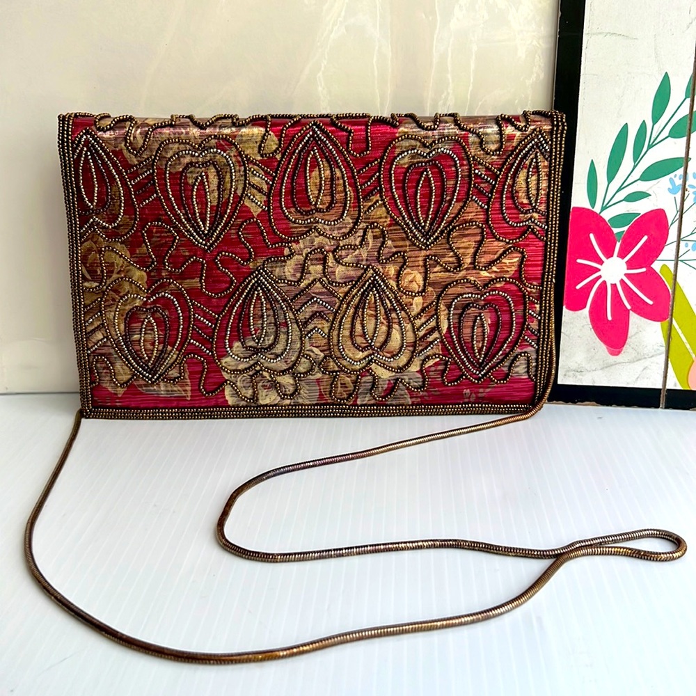Vintage MAGID Beaded Floral Clutch Purse with Chain